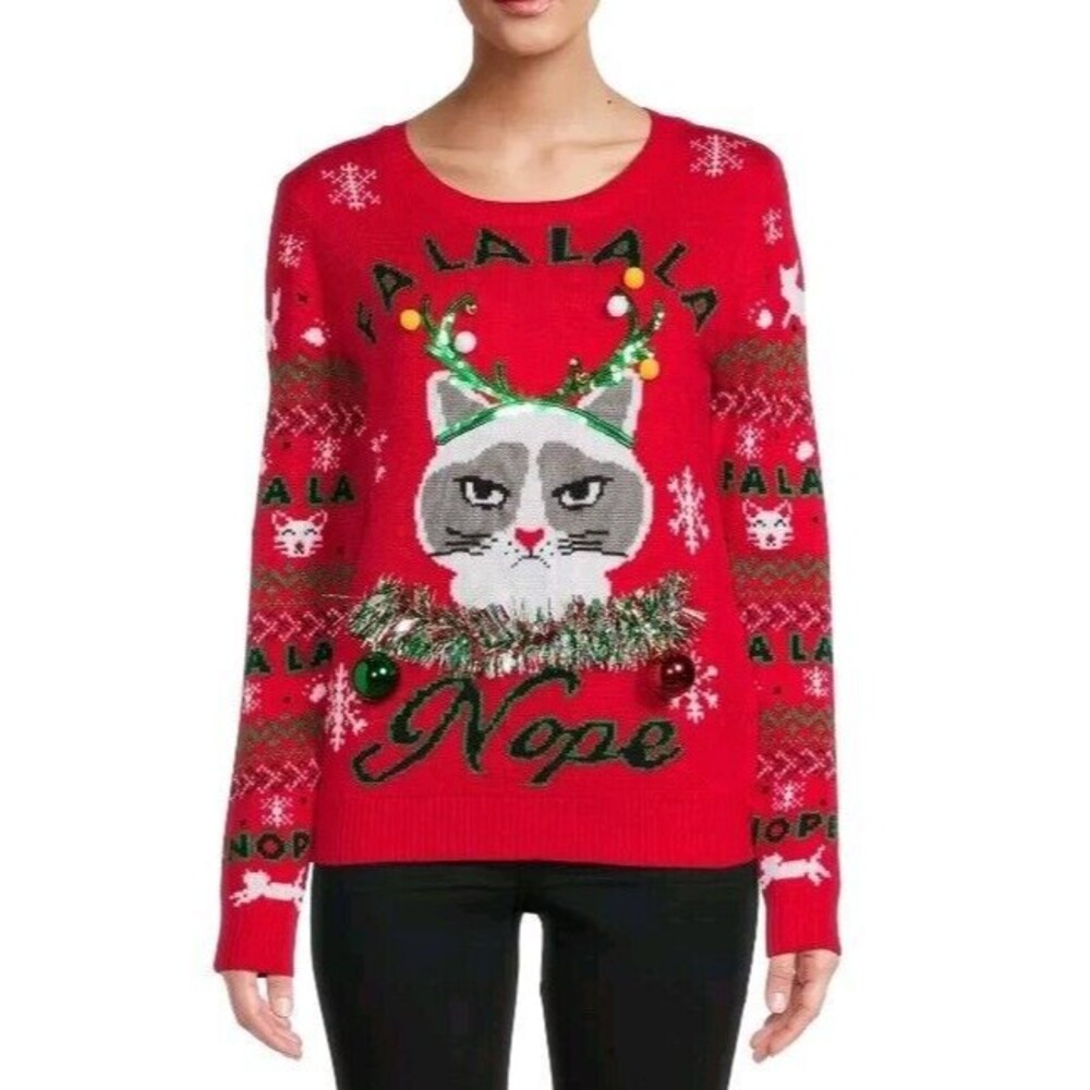 Ugly Christmas Sweater Women Small Grumpy Cat 3D Sequined Quirky Novelty Funny